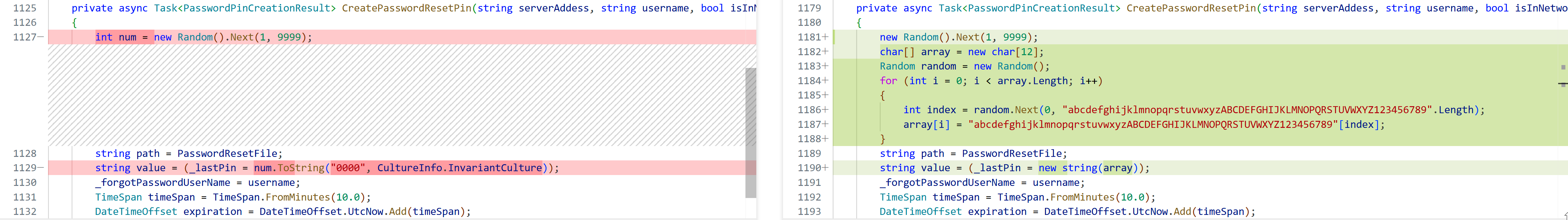 Figure 7: Diff of CreatePasswordResetPin method