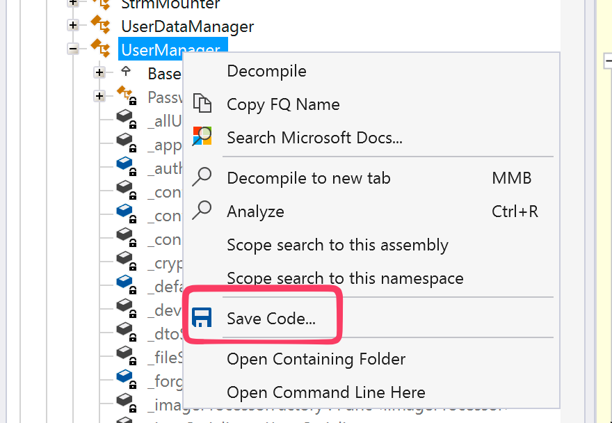 Figure 4: Manually saving the decompiled code with ILSpy