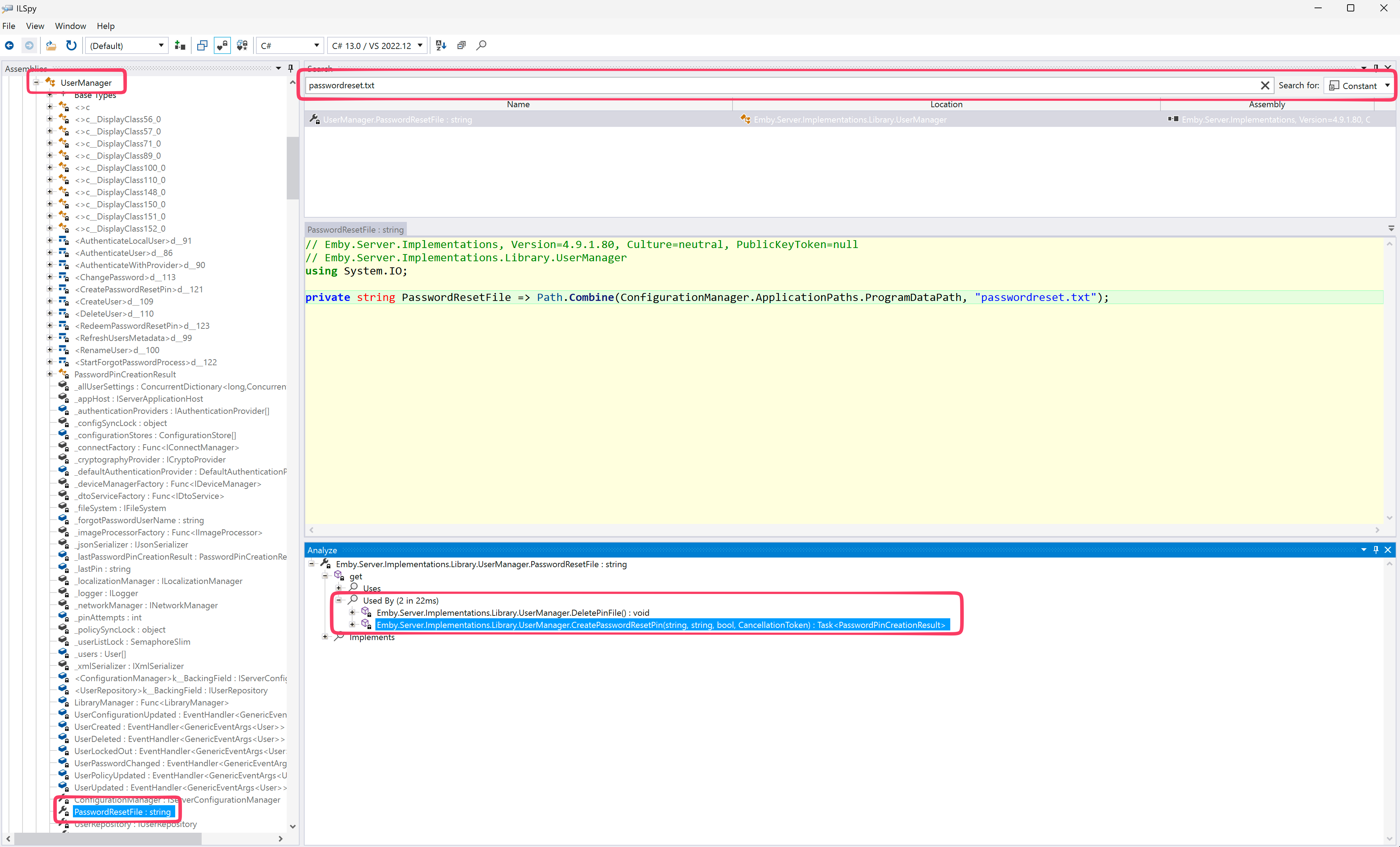 Figure 3: Searching for “passwordreset.txt” constant in ILSpy