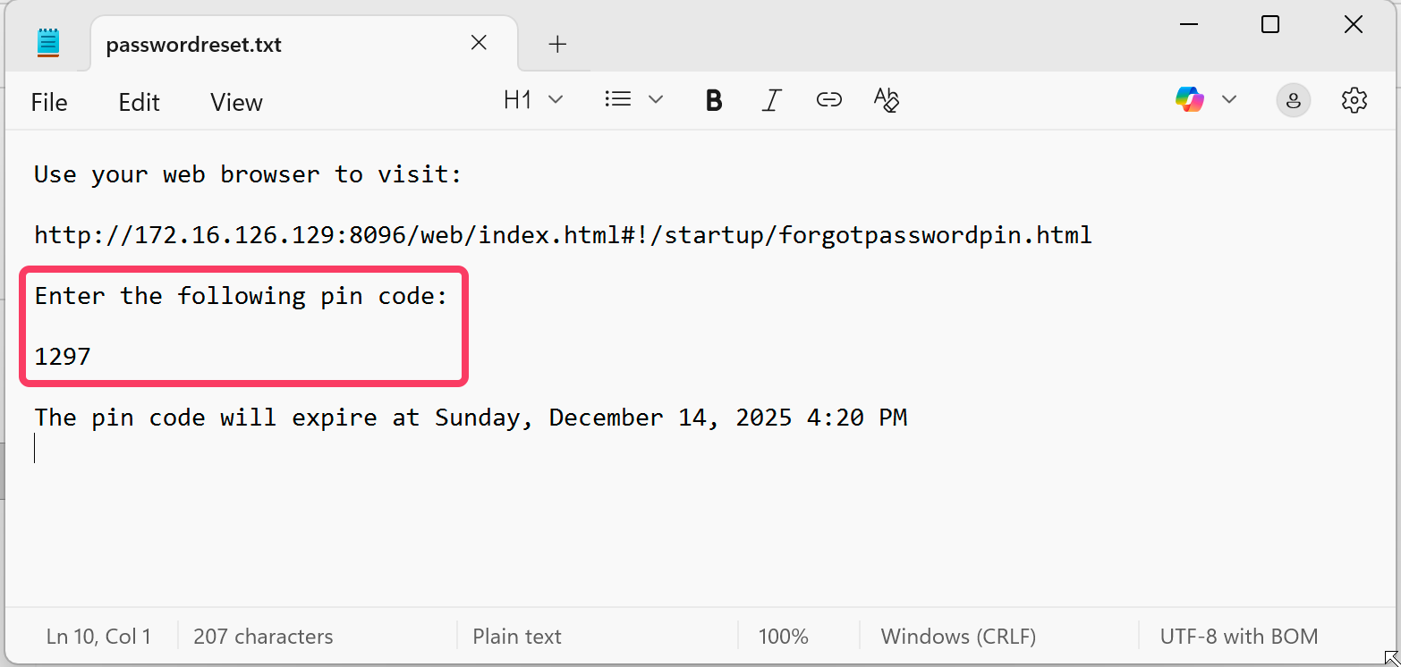 Figure 2: passwordreset.txt contains PIN and expiration date